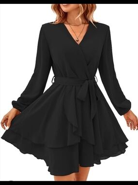 Women's Black Wrap Tie-Waist Long Sleeve Dress